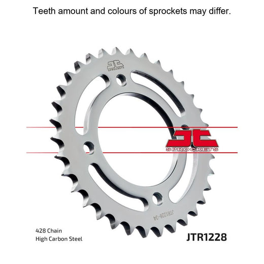 Rear JT Sprockets JTR1228.34 sprocket with metal teeth and black finish, designed for motorcycle chain drive.