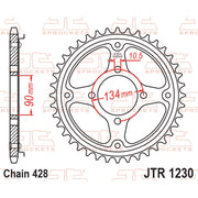 Rear JT Sprockets JTR1230.43 motorcycle sprocket with black finish, featuring evenly spaced teeth and durable metal construction.