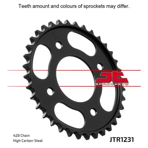 Rear sprocket for motorcycle by JT Sprockets, model JTR1231.36, with metal teeth and a circular shape.