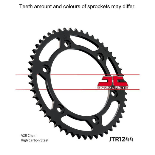 JT Sprockets rear sprocket JTR1244.54 for 428 pitch motorcycle chain, showing the gear teeth and brand logo.
