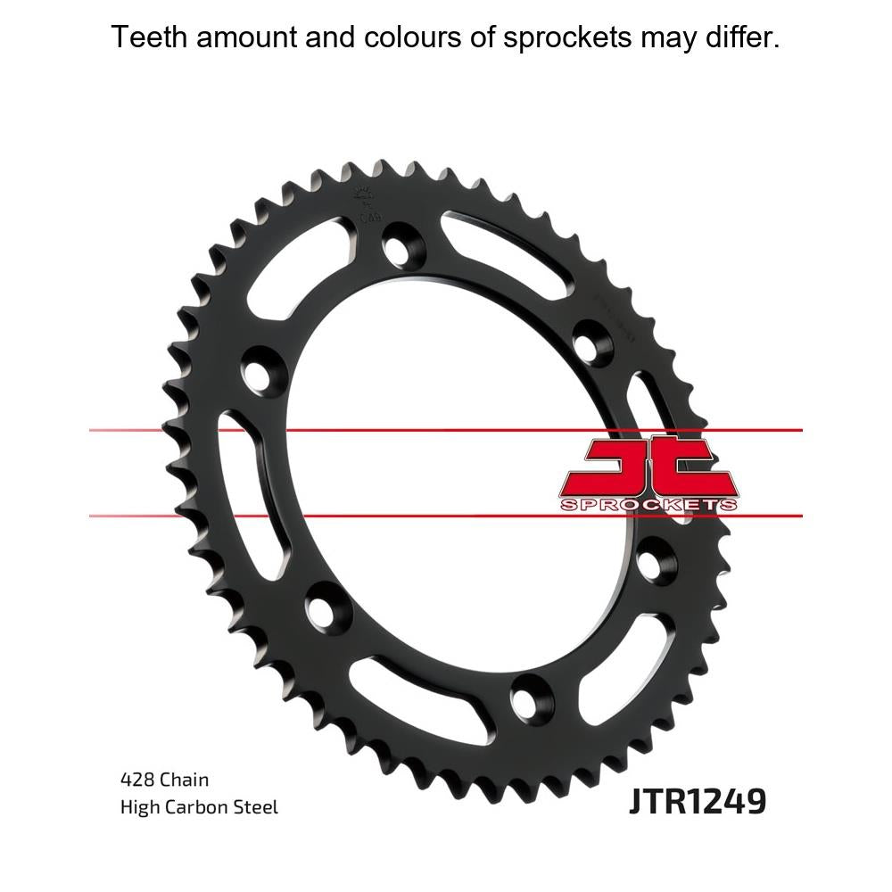 Rear JT Sprockets JTR1249.51 motorcycle sprocket with 428 pitch, showing the black metal sprocket with teeth and branding details.