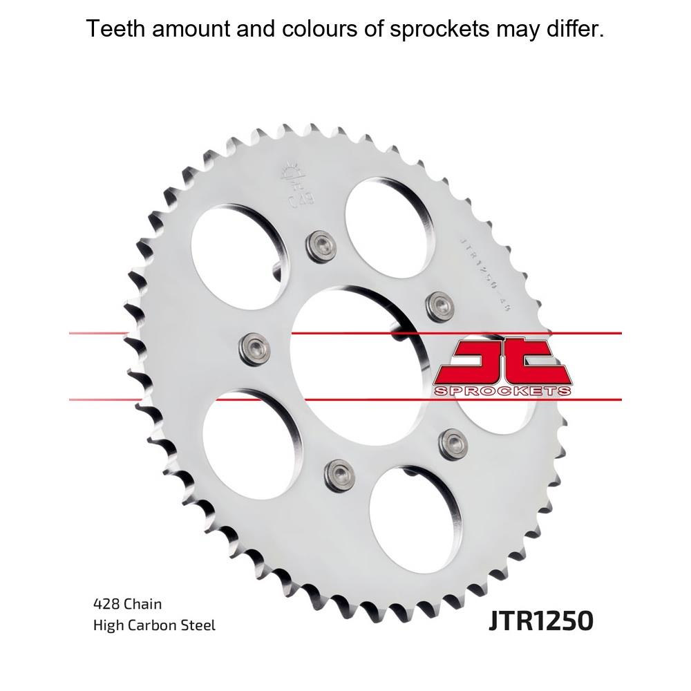 JT Sprockets rear sprocket JTR1250.48 with 428 pitch, metal construction, and gear teeth for motorcycle drivetrain performance.