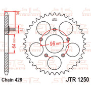JT Sprockets rear sprocket JTR1250.56 for motorcycles, showing the black metal sprocket with evenly spaced teeth and branding details