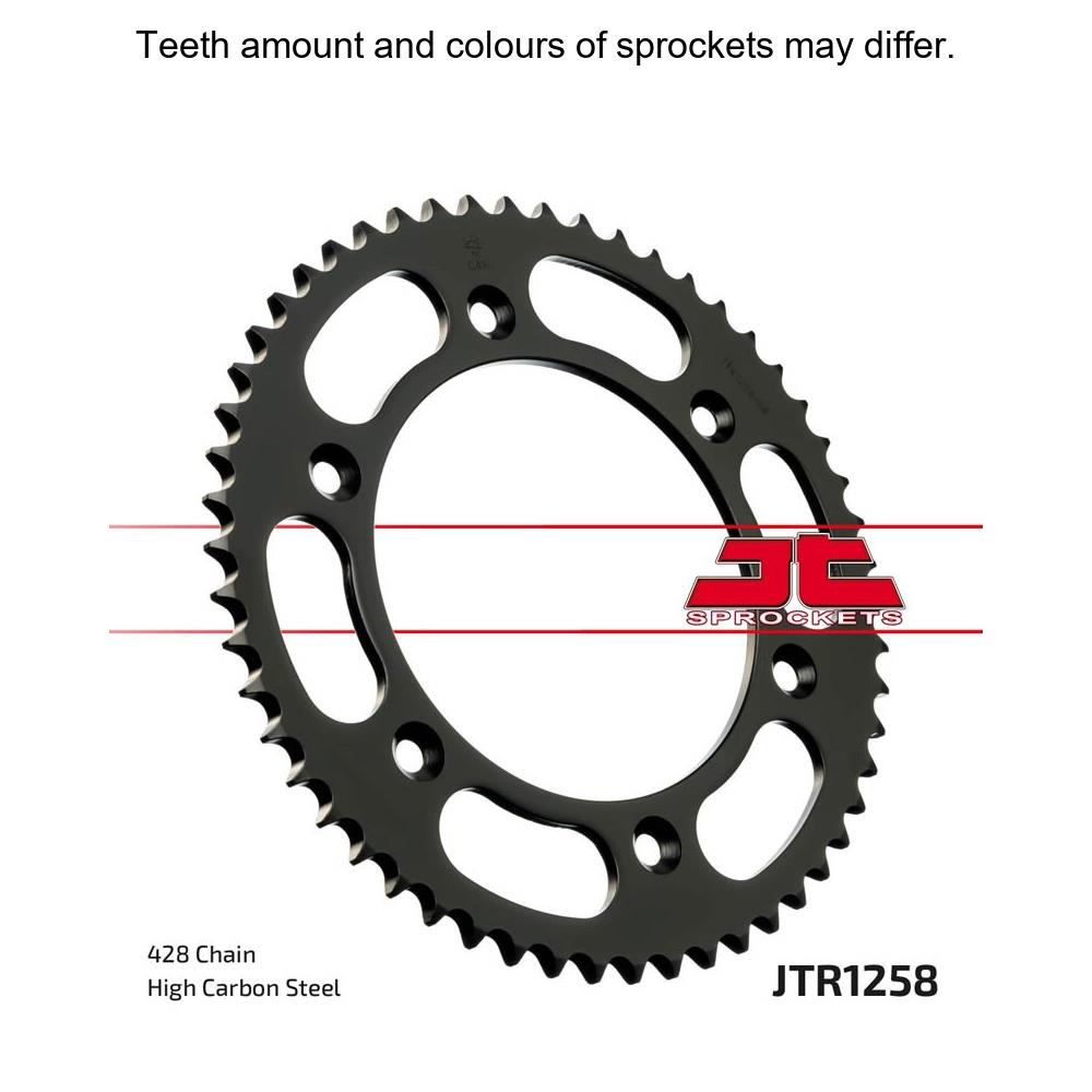 Rear sprocket by JT Sprockets, JTR1258.54 model, with 428 pitch, featuring durable metal construction for motorcycle transmission.