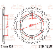 JT Sprockets rear sprocket JTR1258.54 for 428 pitch, showcasing the durable steel construction and gear teeth design.