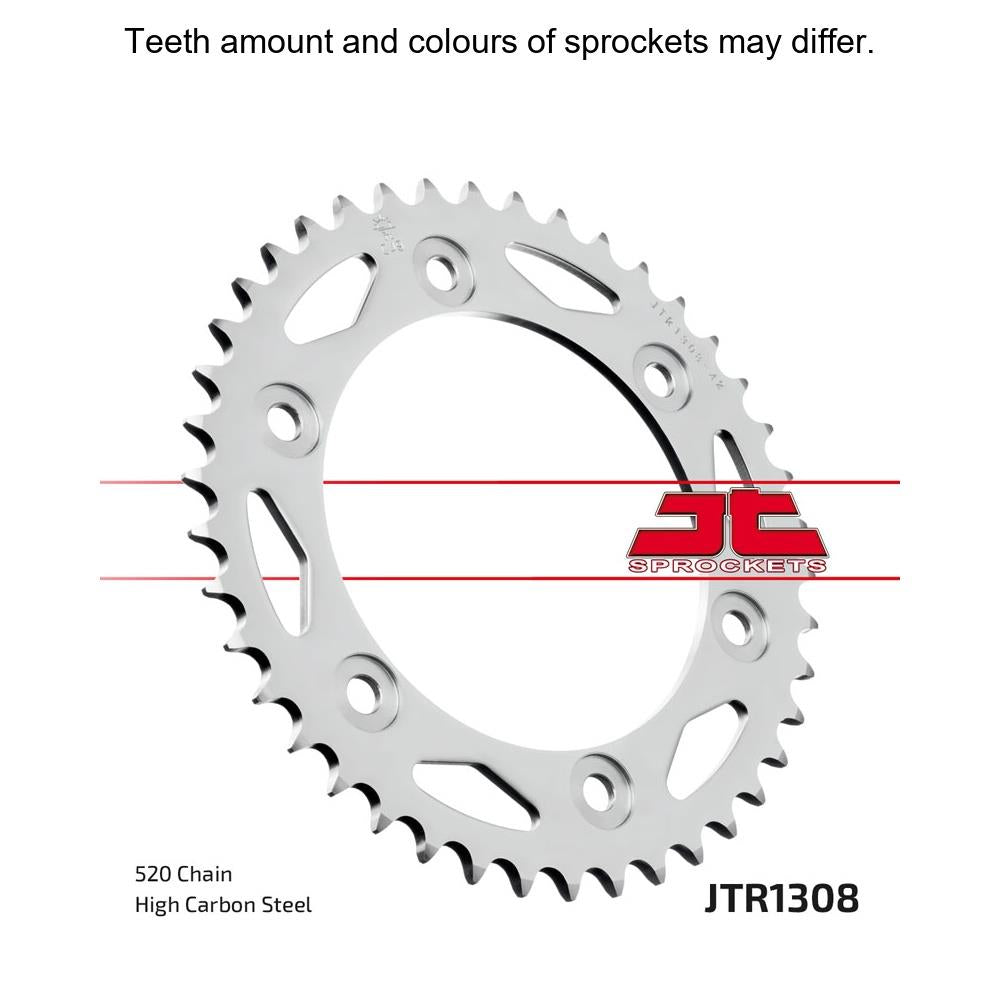 Rear sprocket from JT Sprockets JTR1308.45, showing the metal sprocket with teeth designed for motorcycle chain drive.