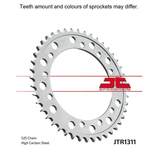 Rear JT Sprockets JTR1311.43 motorcycle sprocket with metallic finish and gear teeth, designed for durable performance and precise fit.