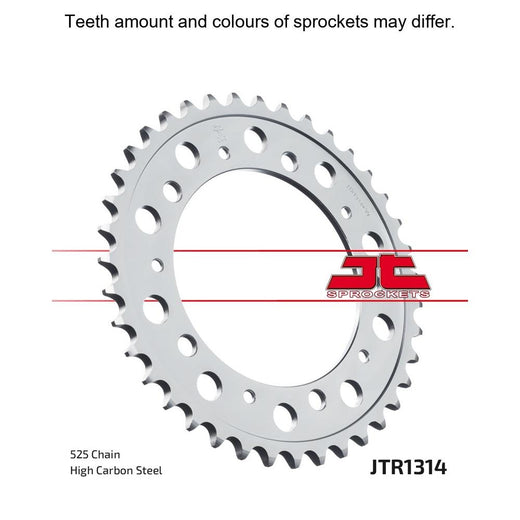 Rear JT Sprockets JTR1314.39 motorcycle sprocket with metal teeth and black finish, designed for durable drivetrain performance.