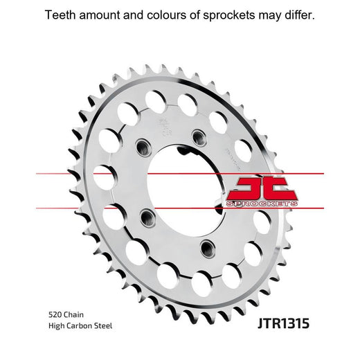 Rear JT Sprockets JTR1315.40 for motorcycle, metal sprocket with evenly spaced teeth and polished finish on a plain background.