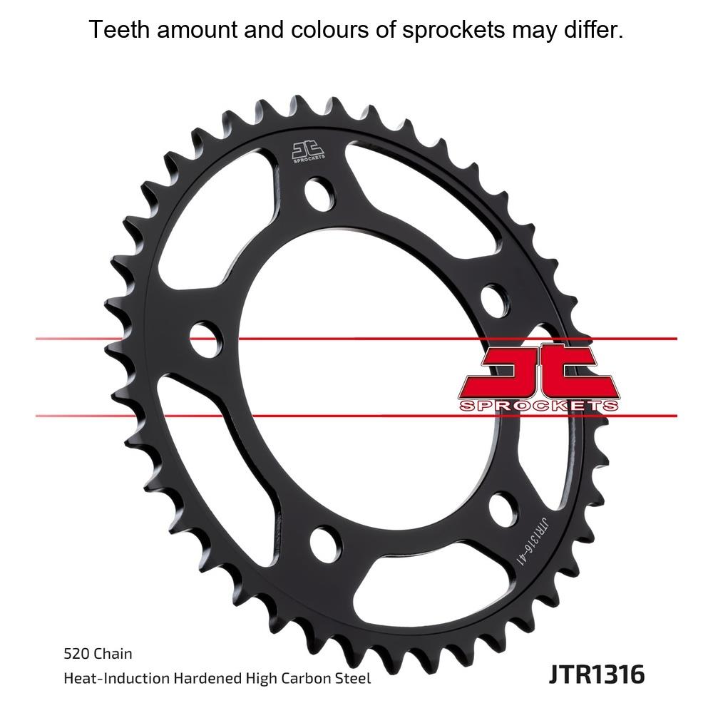 Rear JT Sprockets JTR1316.38 sprocket for motorcycle, showing the black metal gear with teeth and mounting holes.