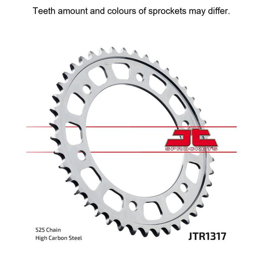 Rear sprocket for motorcycle, JT Sprockets JTR1317.40, showing metal teeth and mounting holes on a clean background.
