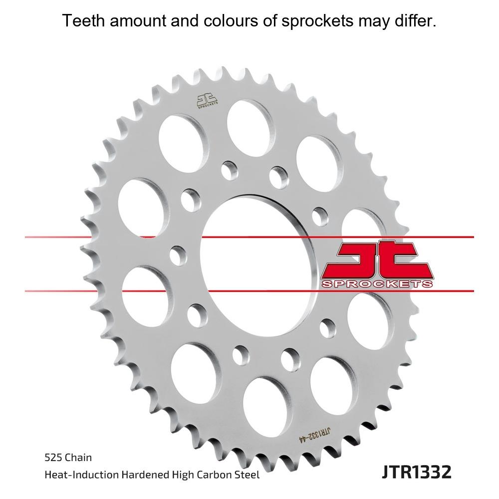 Rear JT Sprockets JTR1332.41 525 pitch sprocket showing the teeth and brand markings on a metallic surface.