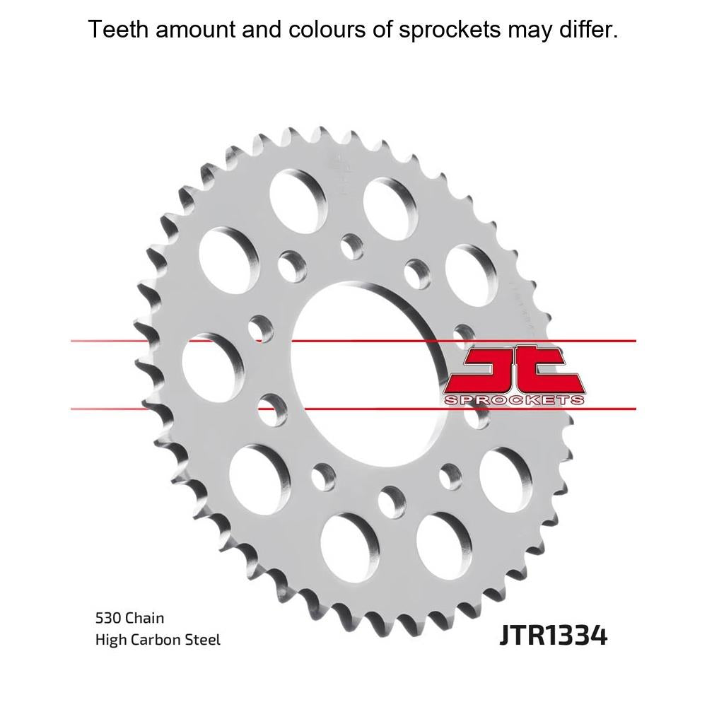 Rear JT Sprockets JTR1334.45 530 pitch sprocket for motorcycles, showing the metal gear with teeth and brand markings.