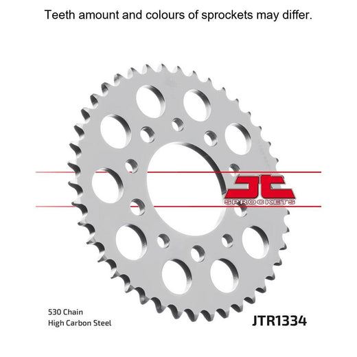 Rear JT Sprockets JTR1334.46 motorcycle sprocket with 530 pitch, showing metallic teeth and branding for durable performance.