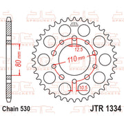 Rear sprocket by JT Sprockets, JTR1334.46, for 530 pitch motorcycles, showing the metallic sprocket with gear teeth.