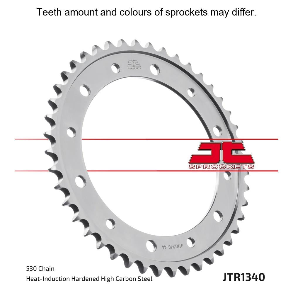 Rear JT Sprockets JTR1340.43 motorcycle sprocket with 530 pitch, showing the metal teeth and brand markings.