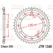 Rear JT Sprockets JTR1340.44 motorcycle sprocket with 530 pitch, showing the black metal sprocket with gear teeth.