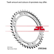 JT Sprockets rear sprocket JTR1346.43 for 525 pitch, showing the metal sprocket with teeth and branding details.
