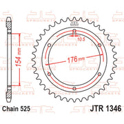 Rear JT Sprockets JTR1346.43 motorcycle sprocket with 525 pitch, featuring durable metal construction and gear teeth.