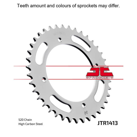 Rear JT Sprockets JTR1413.39 520 pitch sprocket, showing the metal teeth and detailed branding on the black sprocket.