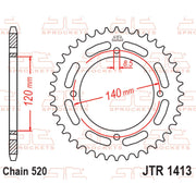Rear JT Sprockets JT R1413.39 motorcycle sprocket with 520 pitch, showing the gear teeth and brand logo.