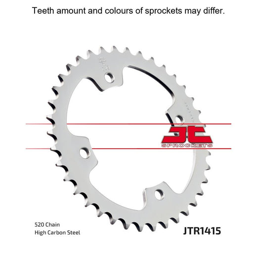 Rear JT Sprockets JT R1415.38 rear sprocket with 520 pitch, featuring metal teeth and black finish, designed for motorcycle drivetrain.