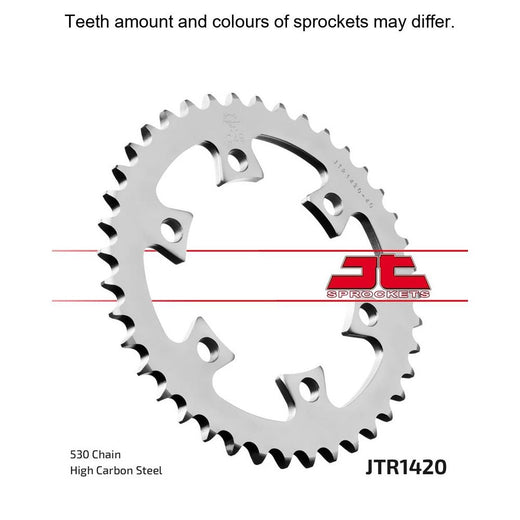 Rear JT Sprockets JTR1420.40 motorcycle sprocket with 530 pitch, showing the metal teeth and brand logo on the sprocket.