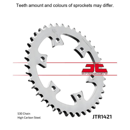 Rear JT Sprockets JTR1421.40 motorcycle sprocket with 530 pitch, featuring durable metal construction and gear teeth for optimal performance.