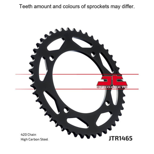 Rear JT Sprockets JTR1465.47 420 pitch sprocket with gear teeth and metal construction, designed for motorcycle or dirt bike use.