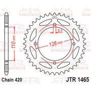 Rear JT Sprockets JTR1465.47 420 pitch sprocket for motorcycles, featuring durable metal construction and precise gear teeth.