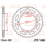 JT Sprockets rear sprocket JTR1466.44 with 428 pitch, featuring metal construction and gear teeth for motorcycle or ATV drivetrain.