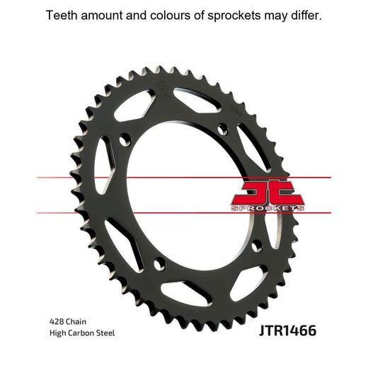 Rear JT Sprockets JTR1466.46 428 pitch sprocket with metal teeth and black finish, designed for motorcycle chain drive systems.