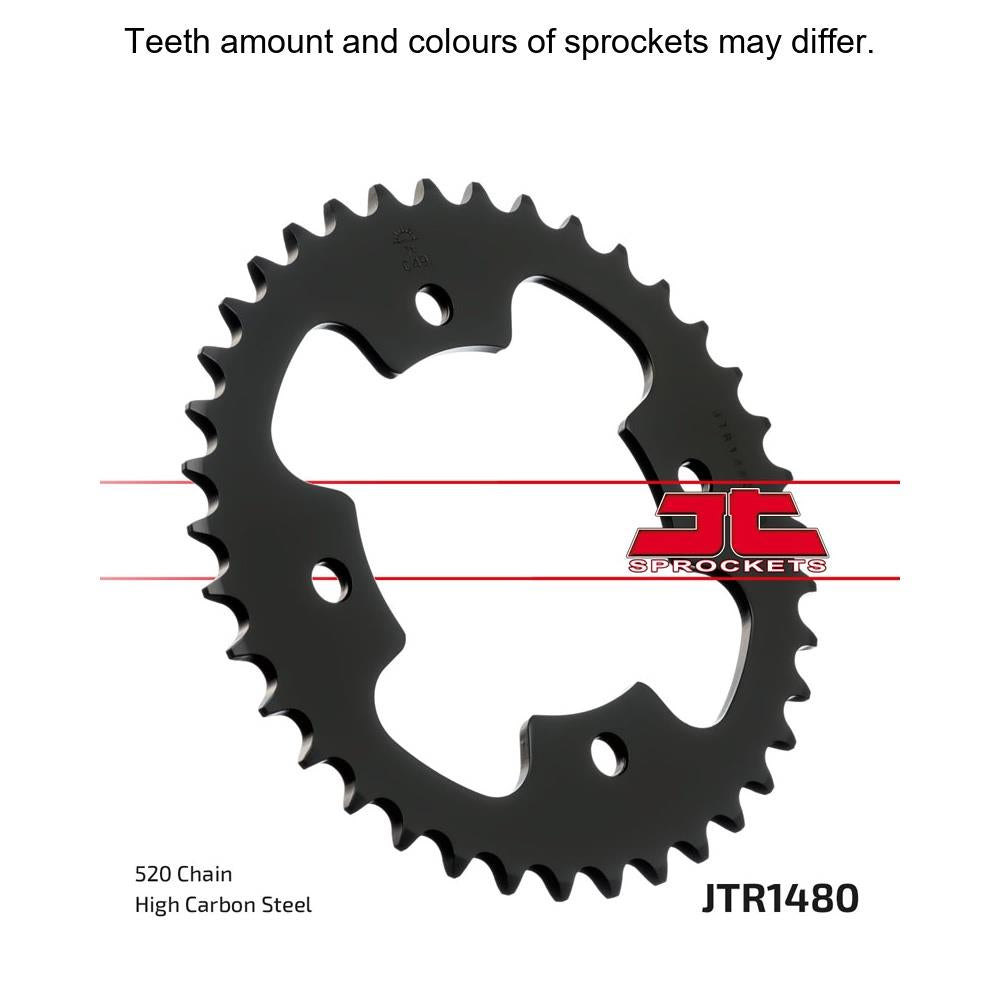 Rear JT Sprockets JTR1480.38 520 pitch sprocket for motorcycle, showing the steel construction and gear teeth.