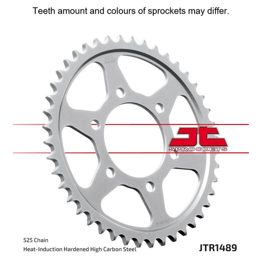 Rear sprocket for motorcycle by JT Sprockets, JTR1489.46 model, showing the metal sprocket with gear teeth and mounting hole details.