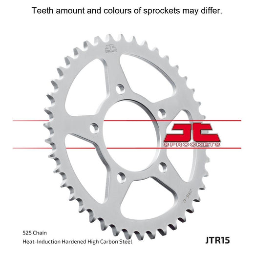 Rear JT Sprockets JTR15.46 sprocket with multiple teeth, made of durable metal, designed for motorcycle chain drive systems.