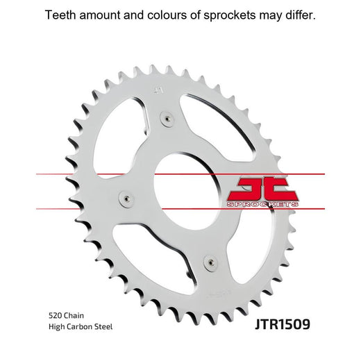 Rear JT Sprockets JTR1509.41 motorcycle sprocket with silver finish and teeth, designed for durable gear engagement.