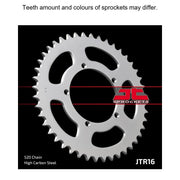 Rear JT Sprockets JTR16.44 sprocket for 520 pitch motorcycle chain, showcasing the black metal construction and gear teeth.