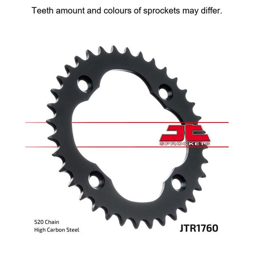 Rear JT Sprockets JTR1760.35 motorcycle sprocket with 520 pitch, showing the metal teeth and branding detail.