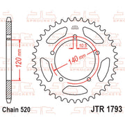Rear sprocket from JT Sprockets JTR1793.43 series, featuring durable metal construction and precise gear teeth for motorcycle use.