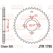 Rear JT Sprockets JT R1795.22 motorcycle sprocket with 520 pitch, showcasing its durable metal teeth and brand markings.