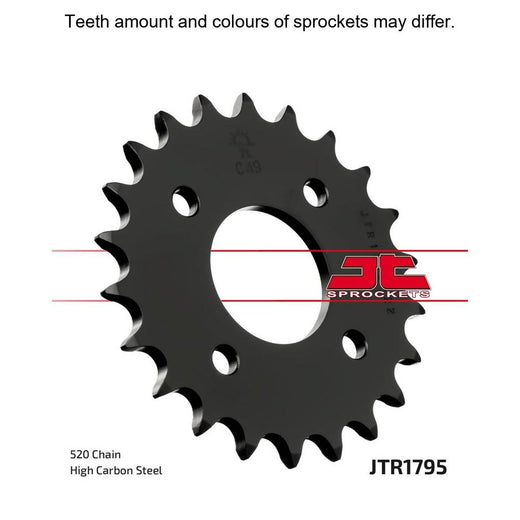 Rear JT Sprockets JTR1795.24 motorcycle sprocket with 520 pitch, showing the metal teeth and branding details.