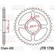 JT Sprockets rear sprocket JTR1796.51, durable motorcycle chain sprocket with evenly spaced teeth and metal finish.