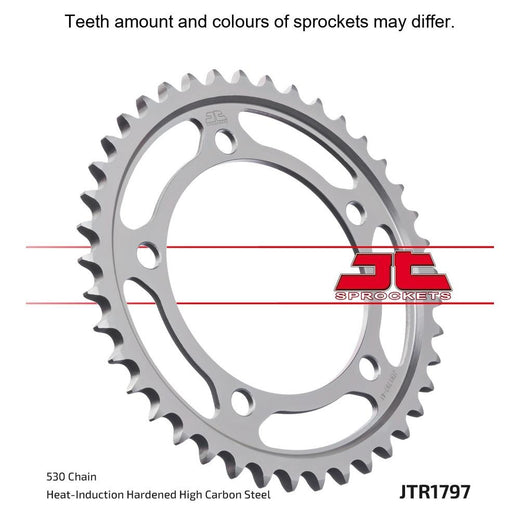 Rear JT Sprockets JTR1797.43 motorcycle sprocket with evenly spaced teeth and metallic finish, designed for durable performance