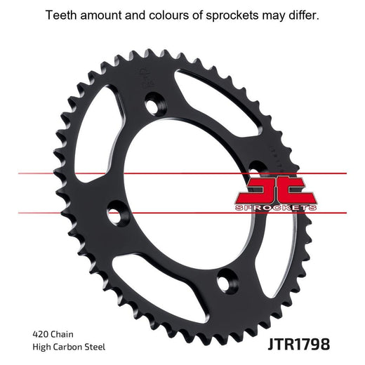 JT Sprockets rear sprocket JTR1798.47, close-up view showing metal teeth and black finish for motorcycle or dirt bike use.