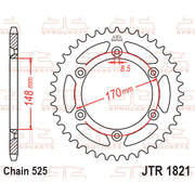 Rear sprocket from JT Sprockets JTR1821.47 series, showing the metallic sprocket with teeth and mounting hole details.