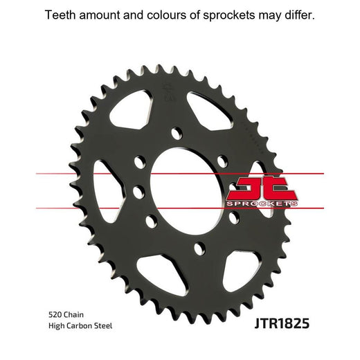 Rear JT Sprockets JTR1825.43 520 pitch sprocket with steel teeth and evenly spaced gear teeth for motorcycle drive systems.