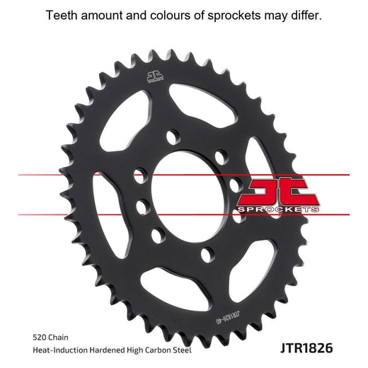 Rear JT Sprockets JTR1826.42 sprocket with teeth, designed for motorcycle chain drive, showing metallic finish and teeth detail.