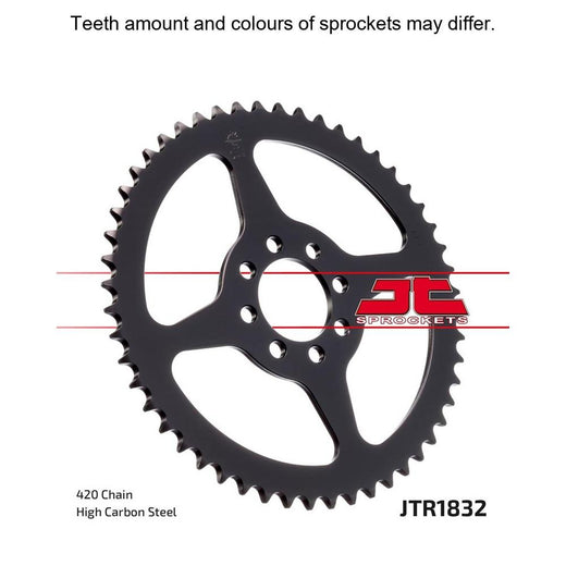 Rear sprocket for motorcycle, JT Sprockets JTR1832.52 model, with evenly spaced teeth and metallic finish.