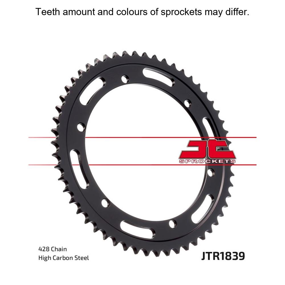 Rear sprocket from JT Sprockets, model JTR1839.55, showing the black metal sprocket with gear teeth for motorcycle drive system.