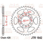 Rear JT Sprockets JTR1842.52 sprocket with 428 pitch, designed for motorcycle drive systems, showing the sprocket's teeth and branding.